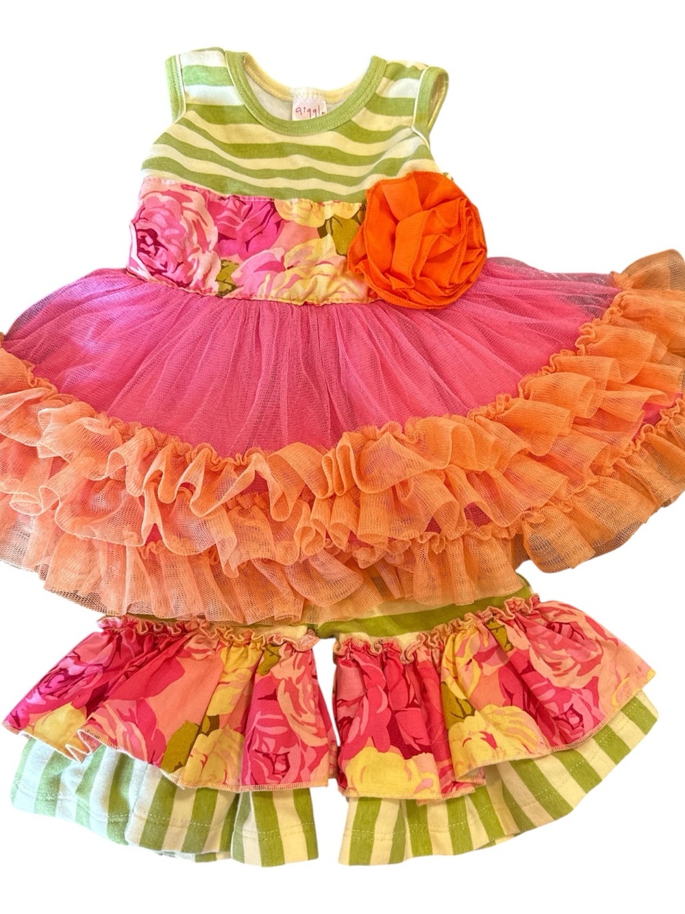 Giggle Moon Pink Orange Floral Tulle Dress Set with Green Stripes